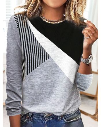 Striped Patchwork Contrast Printed Casual Long-sleeve T-shirt