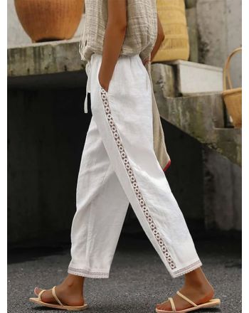 Casual Plain Lace-Up Patchwork lace Cotton Pants