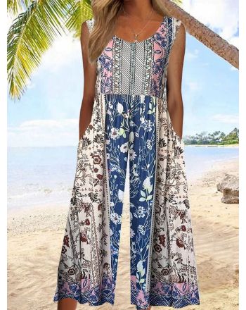 Ethnic Pocket Stitching Casual Loose Jumpsuit