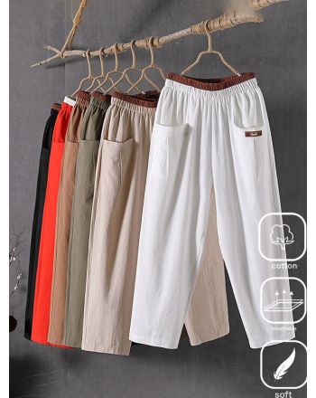 Plain Casual Pocket Stitching Cotton Pants