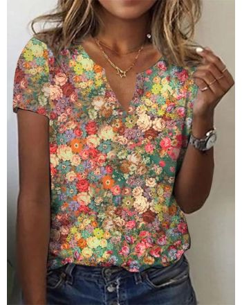 Casual Floral Loose Notched T-Shirt