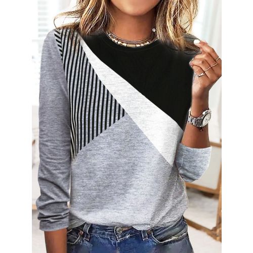 Striped Patchwork Contrast Printed Casual Long-sleeve T-shirt