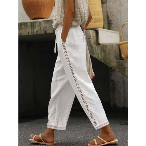 Casual Plain Lace-Up Patchwork lace Cotton Pants