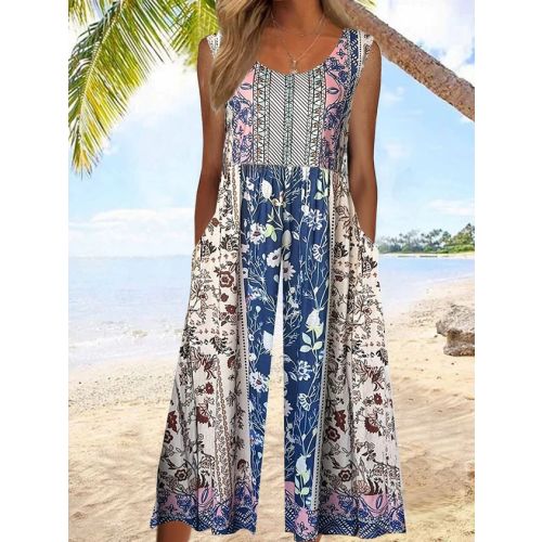 Ethnic Pocket Stitching Casual Loose Jumpsuit