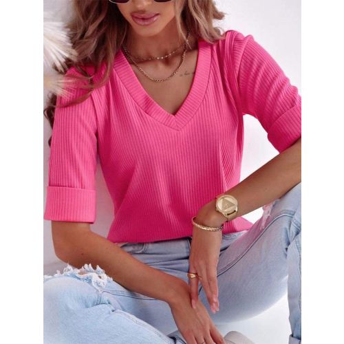 Women's Plain V Neck T-Shirt Regular Fit Soft Shirt