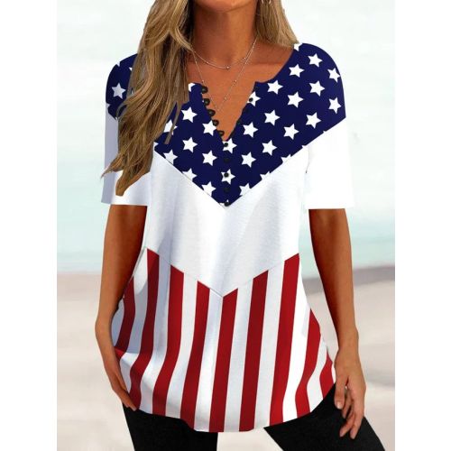 Casual V Neck America Flag Shirt