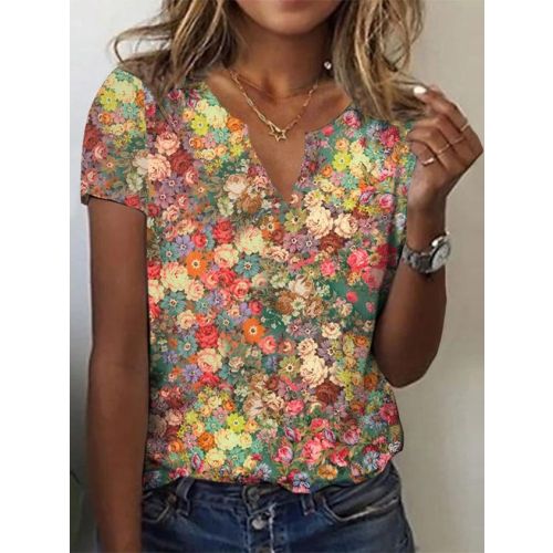 Casual Floral Loose Notched T-Shirt